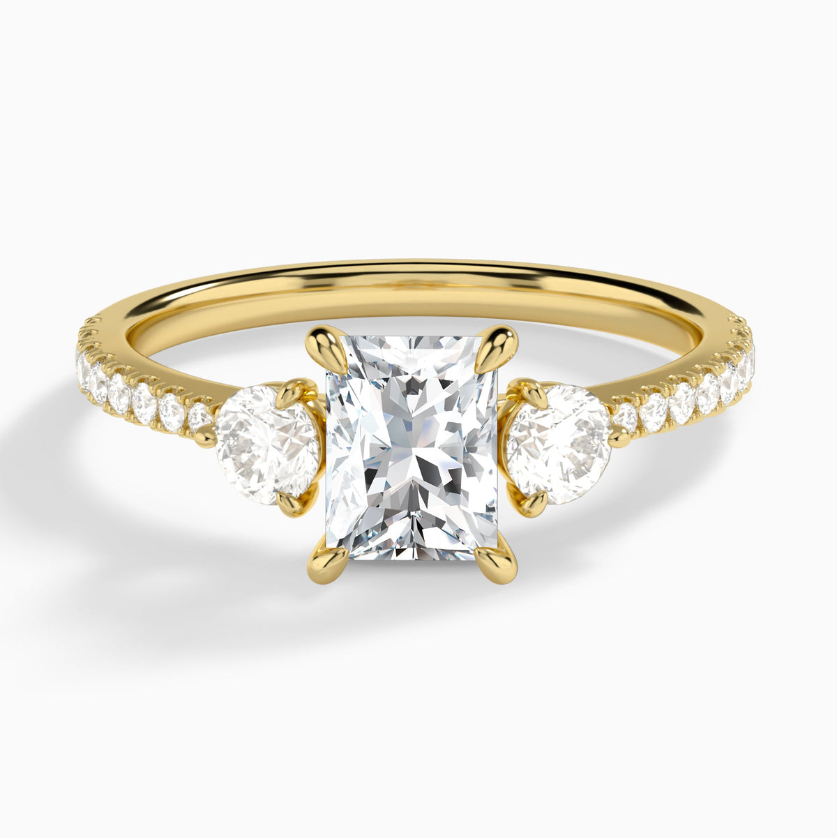 Radiant Luxe Three Stone Pavé Lab Diamond Engagement Ring In 18K Yellow Gold - Lucenjuri