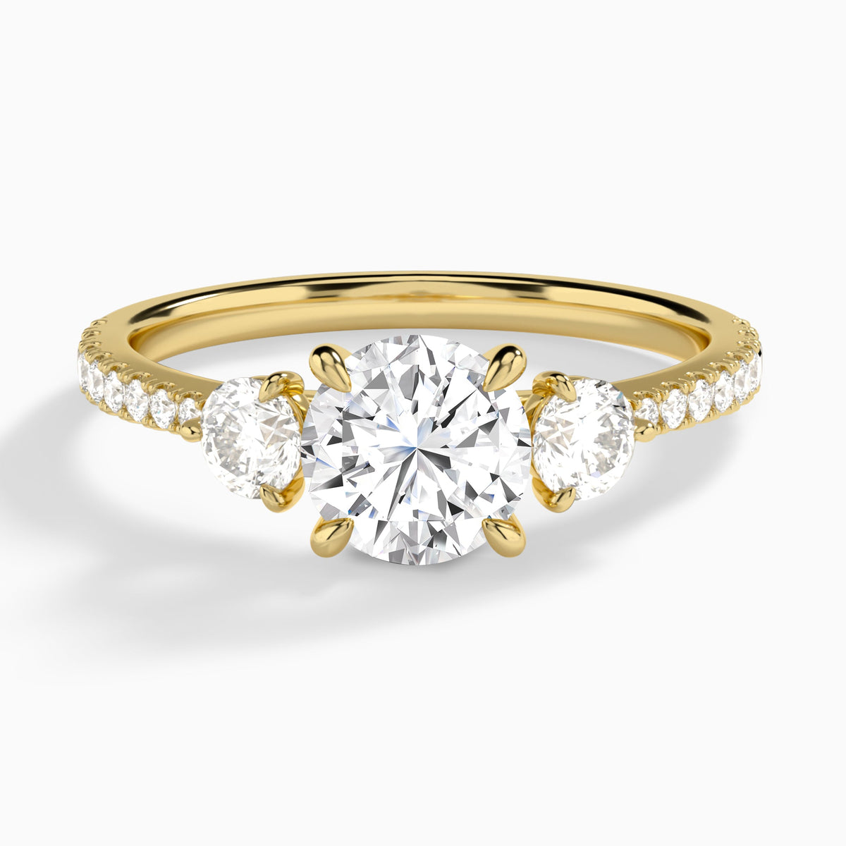 Round Luxe Three Stone Pavé Lab Diamond Engagement Ring In 14K Yellow Gold - Lucenjuri