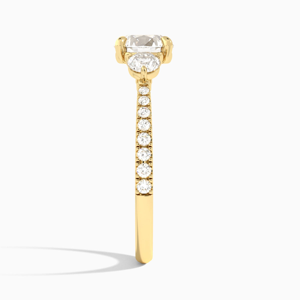 Round Luxe Three Stone Pavé Lab Diamond Engagement Ring In 14K Yellow Gold, Side View