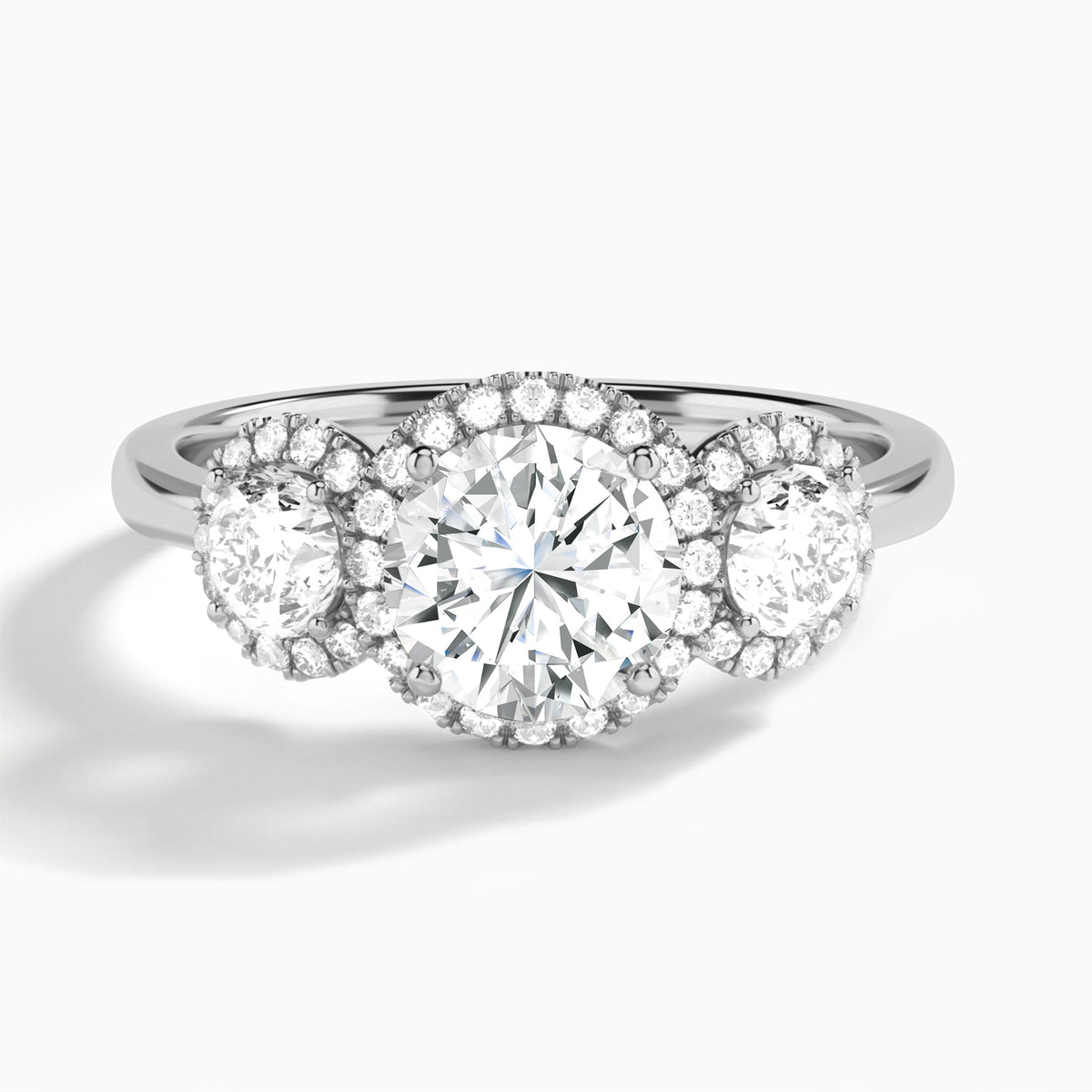 Round Luxe Three Stone Halo Lab Diamond Engagement Ring In Platinum - Lucenjuri