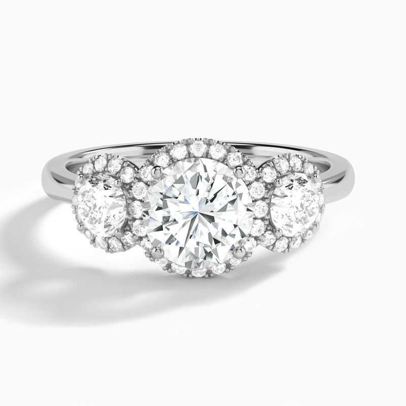 Round Luxe Three Stone Halo Lab Diamond Engagement Ring In 18K White Gold - Lucenjuri