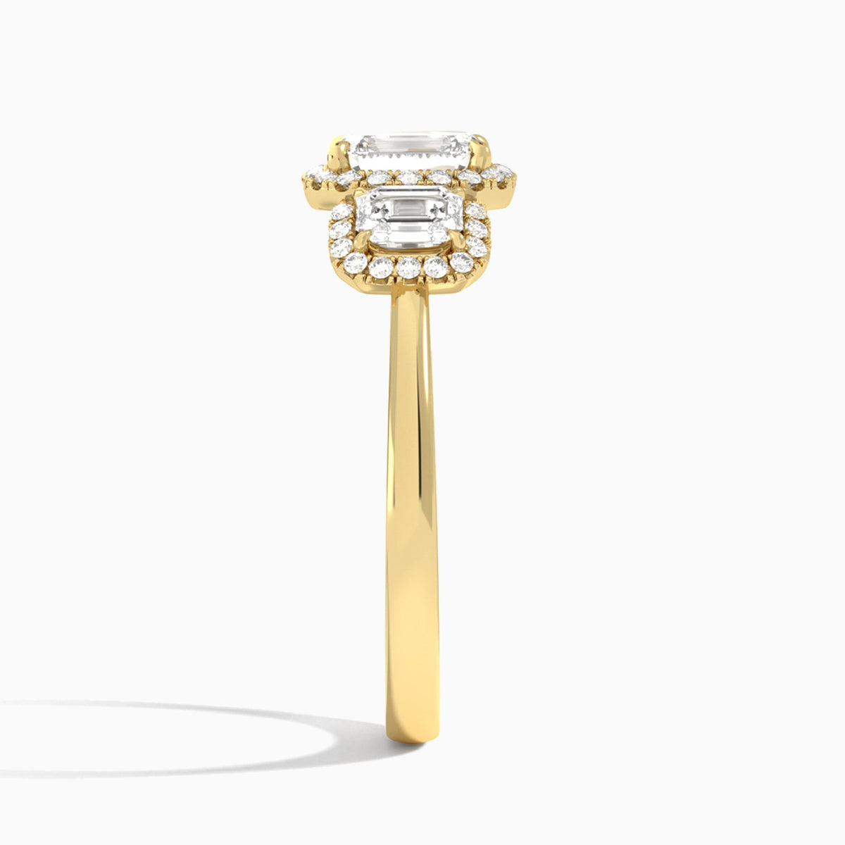 Emerald Luxe Three Stone Halo Lab Diamond Engagement Ring In 14K Yellow Gold, Side View