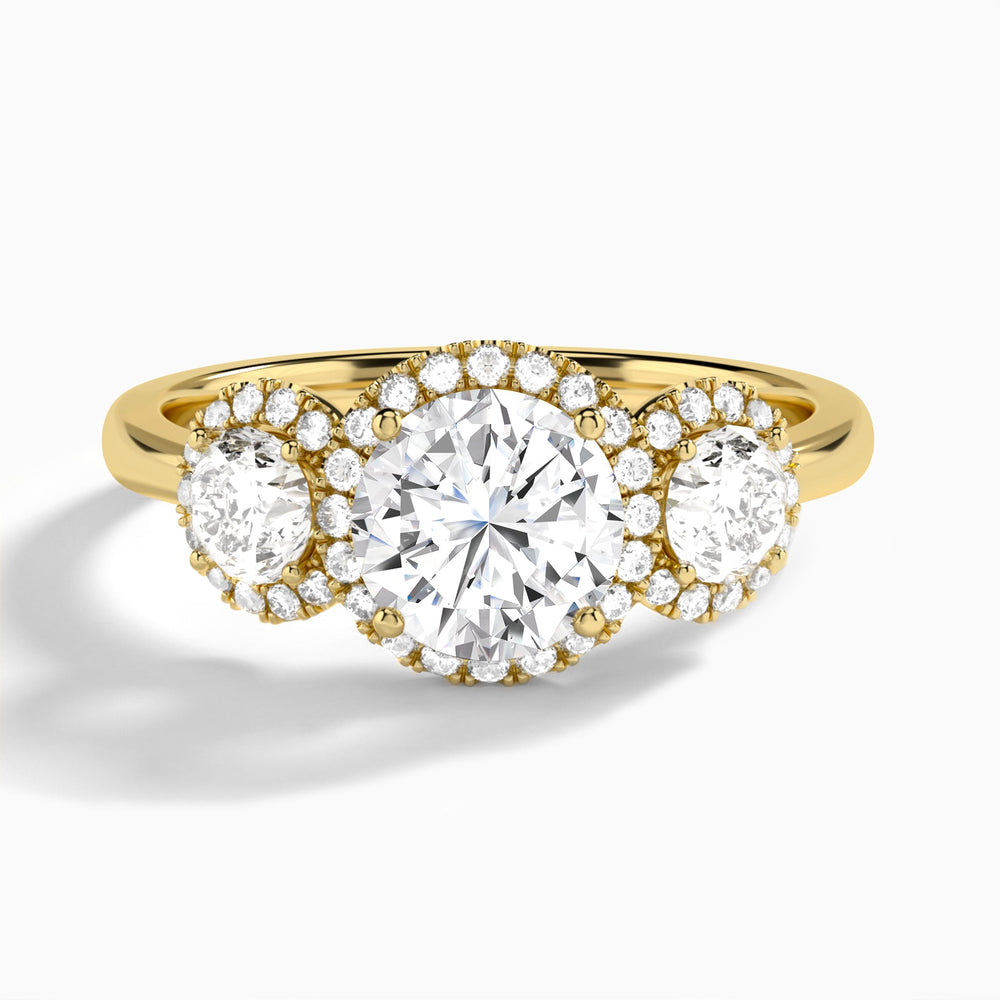 Round Luxe Three Stone Halo Lab Diamond Engagement Ring In 14K Yellow Gold - Lucenjuri