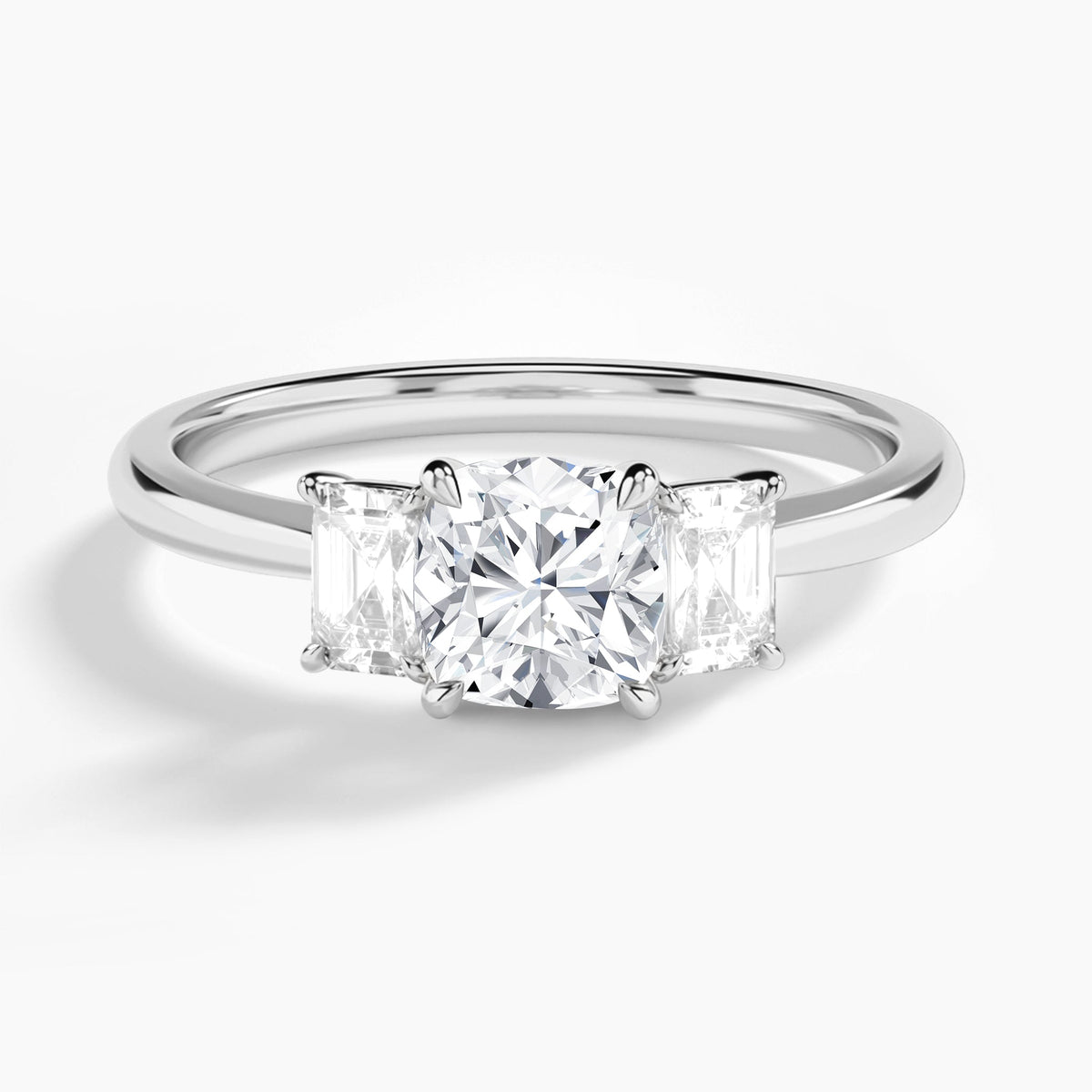 Cushion Three Stone Emerald Lab Diamond Engagement Ring In Platinum - Lucenjuri