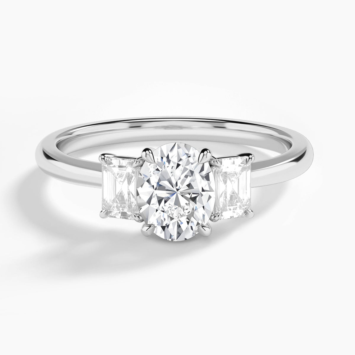 Oval Three Stone Emerald Lab Diamond Engagement Ring In Platinum - Lucenjuri