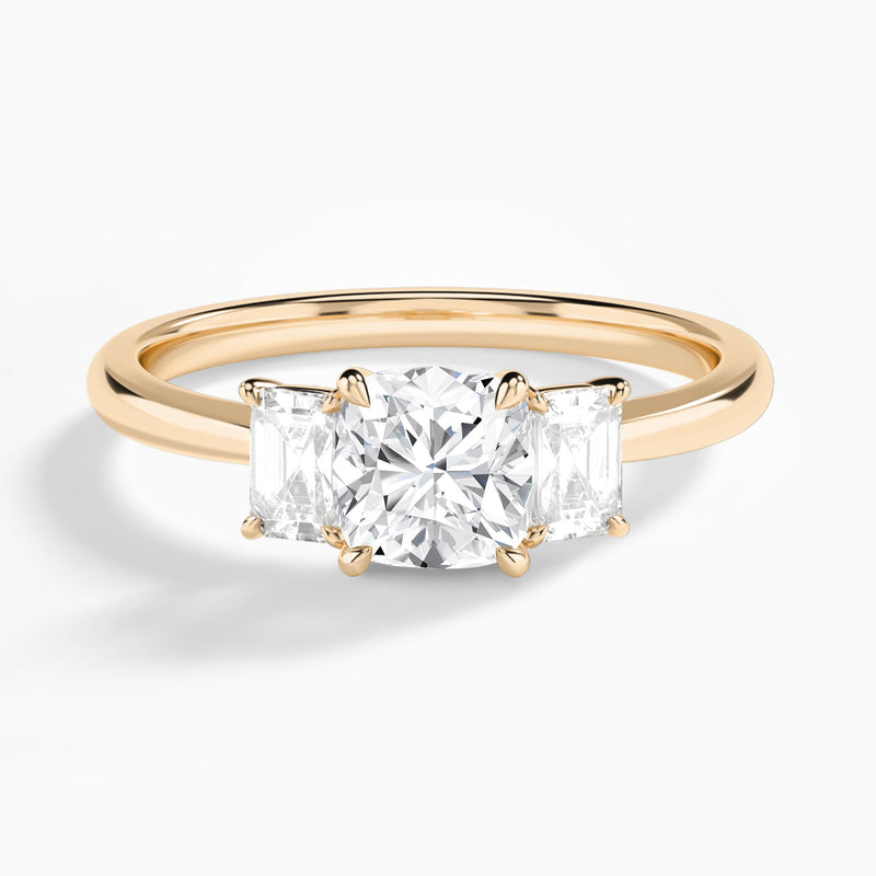 Cushion Three Stone Emerald Lab Diamond Engagement Ring In 14K Rose Gold - Lucenjuri