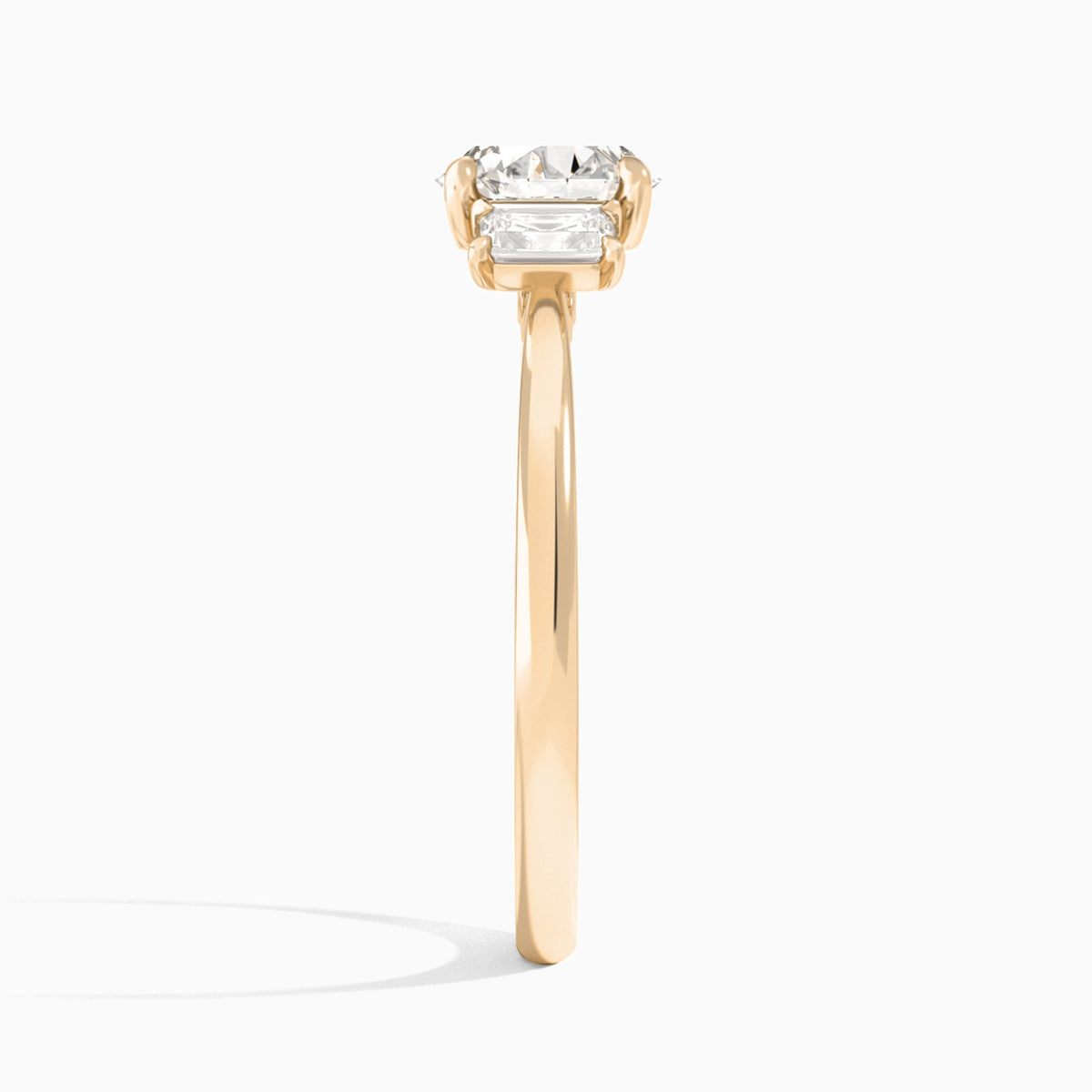 Round Three Stone Emerald Lab Diamond Engagement Ring In 14K Rose Gold, Side View
