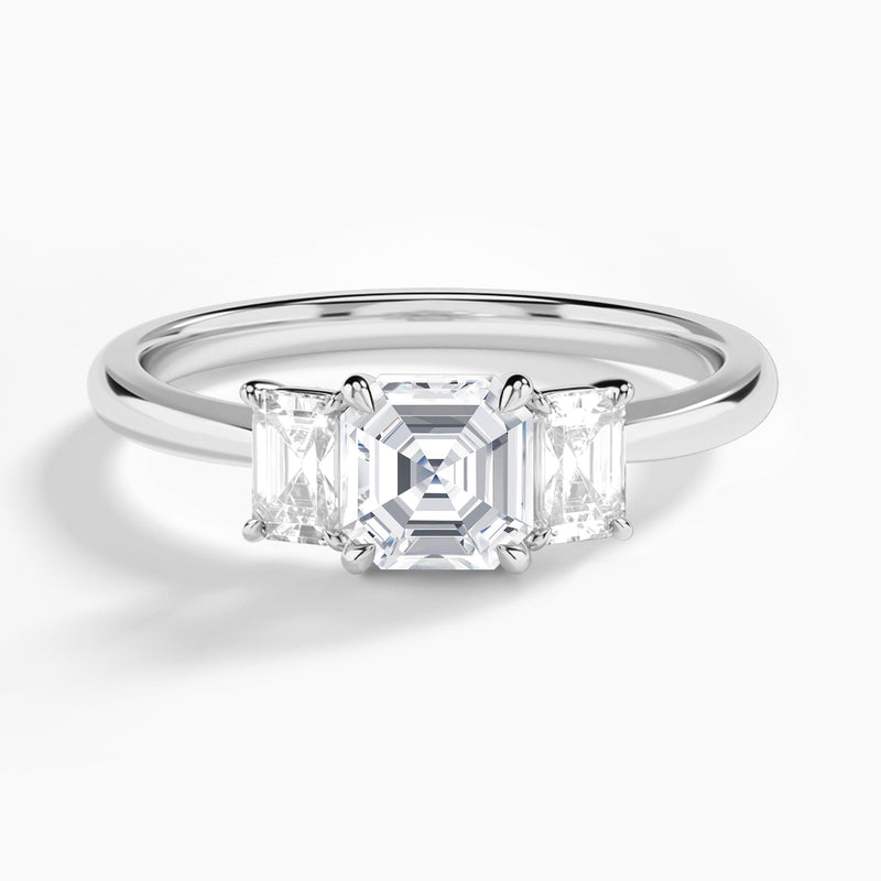 Asscher Three Stone Emerald Lab Diamond Engagement Ring In 18K White Gold - Lucenjuri