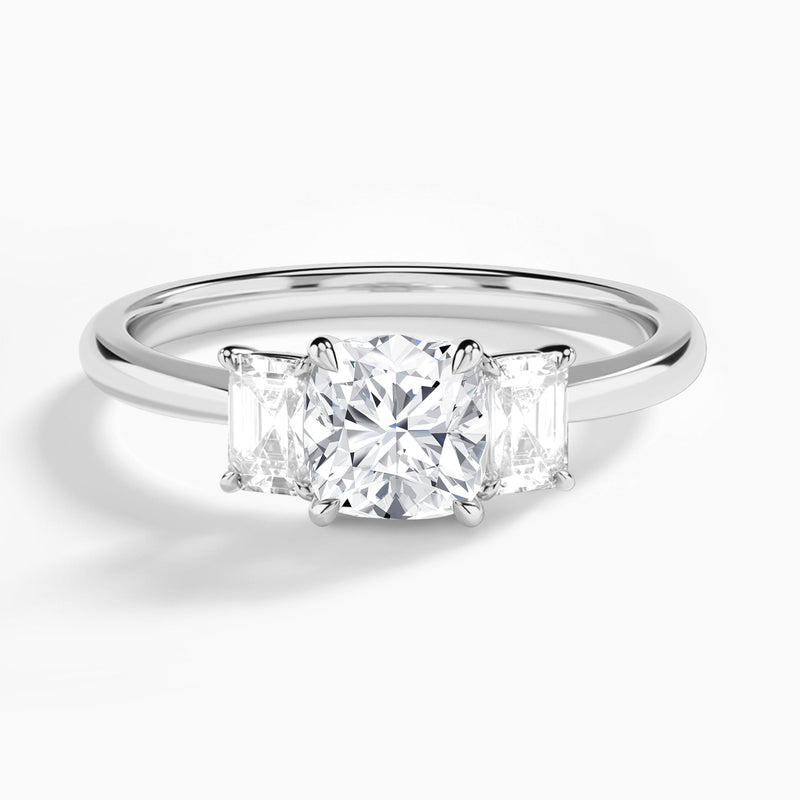 Cushion Three Stone Emerald Lab Diamond Engagement Ring In 18K White Gold - Lucenjuri