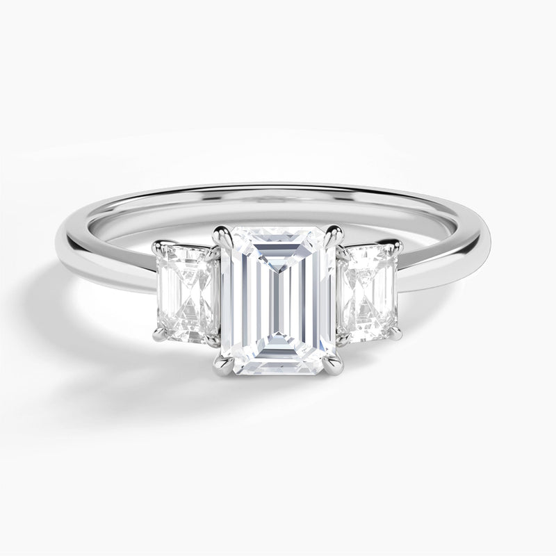 Emerald Three Stone Emerald Lab Diamond Engagement Ring In 18K White Gold - Lucenjuri