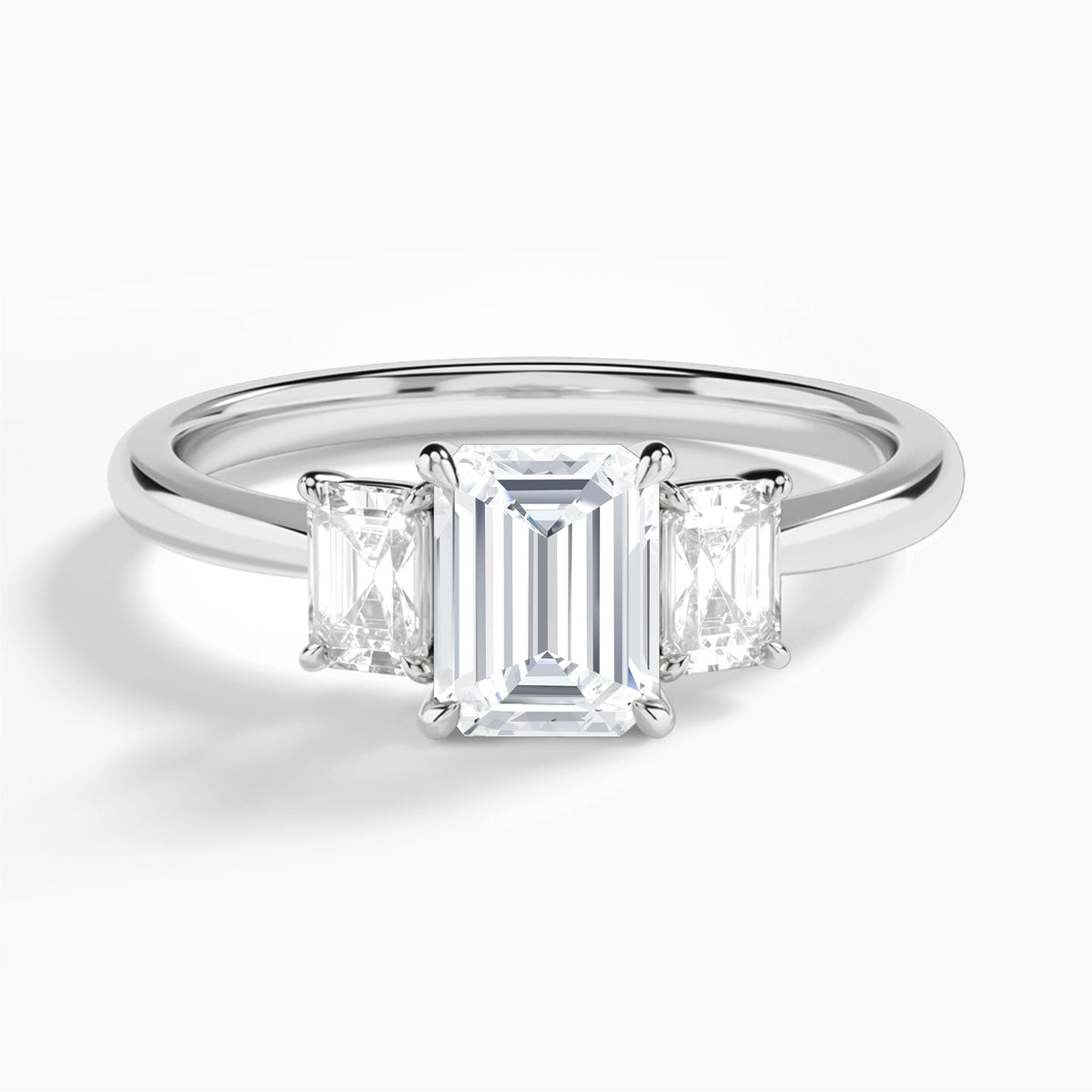 Emerald Three Stone Emerald Lab Diamond Engagement Ring In 14K White Gold - Lucenjuri