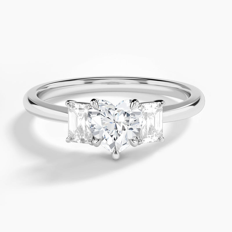 Heart Three Stone Emerald Lab Diamond Engagement Ring In 14K White Gold - Lucenjuri