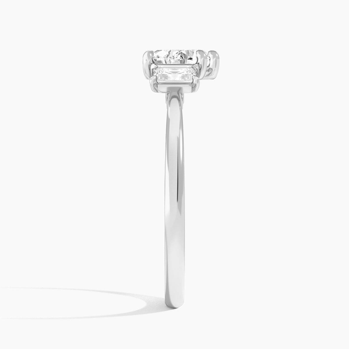 Heart Three Stone Emerald Lab Diamond Engagement Ring In 14K White Gold, Side View