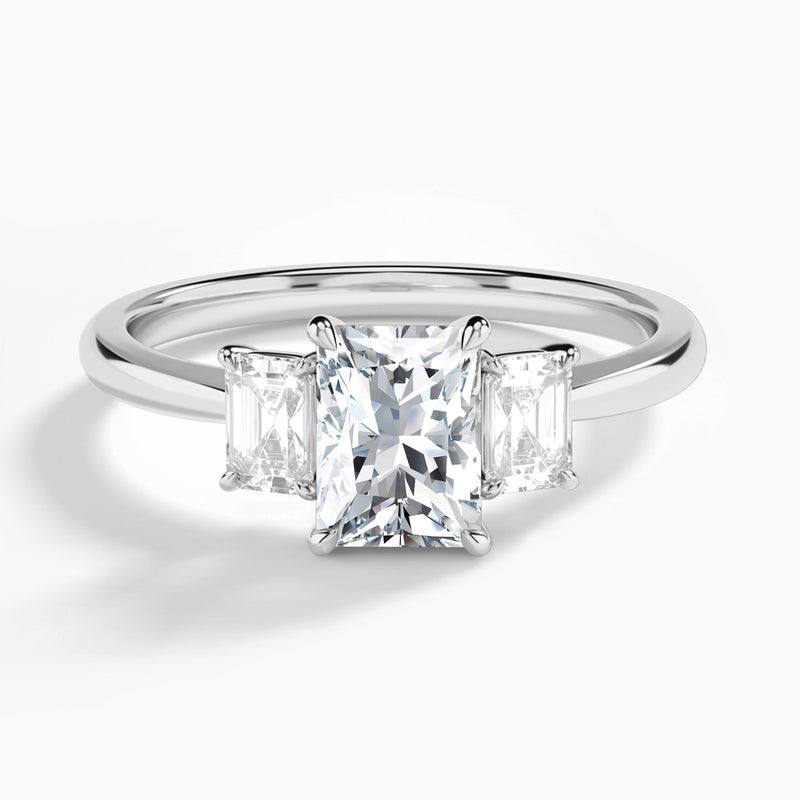 Radiant Three Stone Emerald Lab Diamond Engagement Ring In 18K White Gold - Lucenjuri