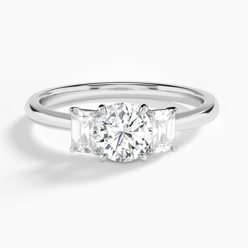 Round Three Stone Emerald Lab Diamond Engagement Ring In 14K White Gold - Lucenjuri