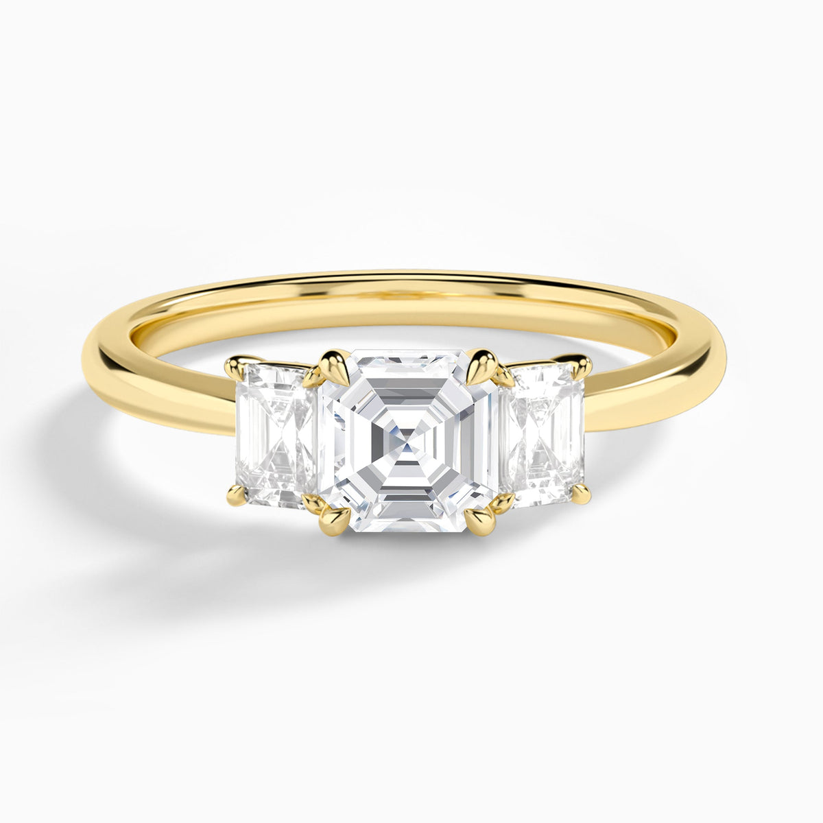 Asscher Three Stone Emerald Lab Diamond Engagement Ring In 14K Yellow Gold - Lucenjuri