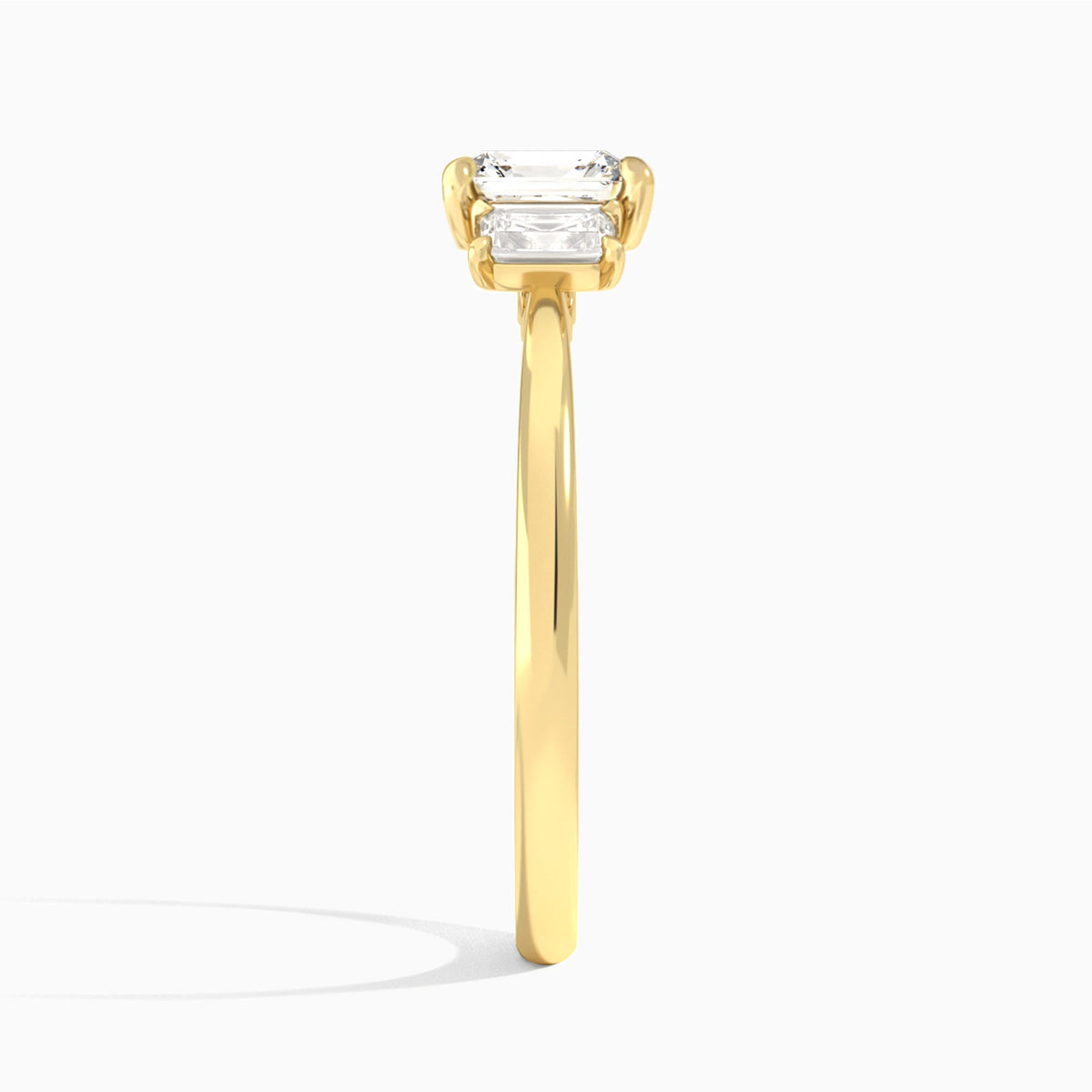 Asscher Three Stone Emerald Lab Diamond Engagement Ring In 14K Yellow Gold, Side View