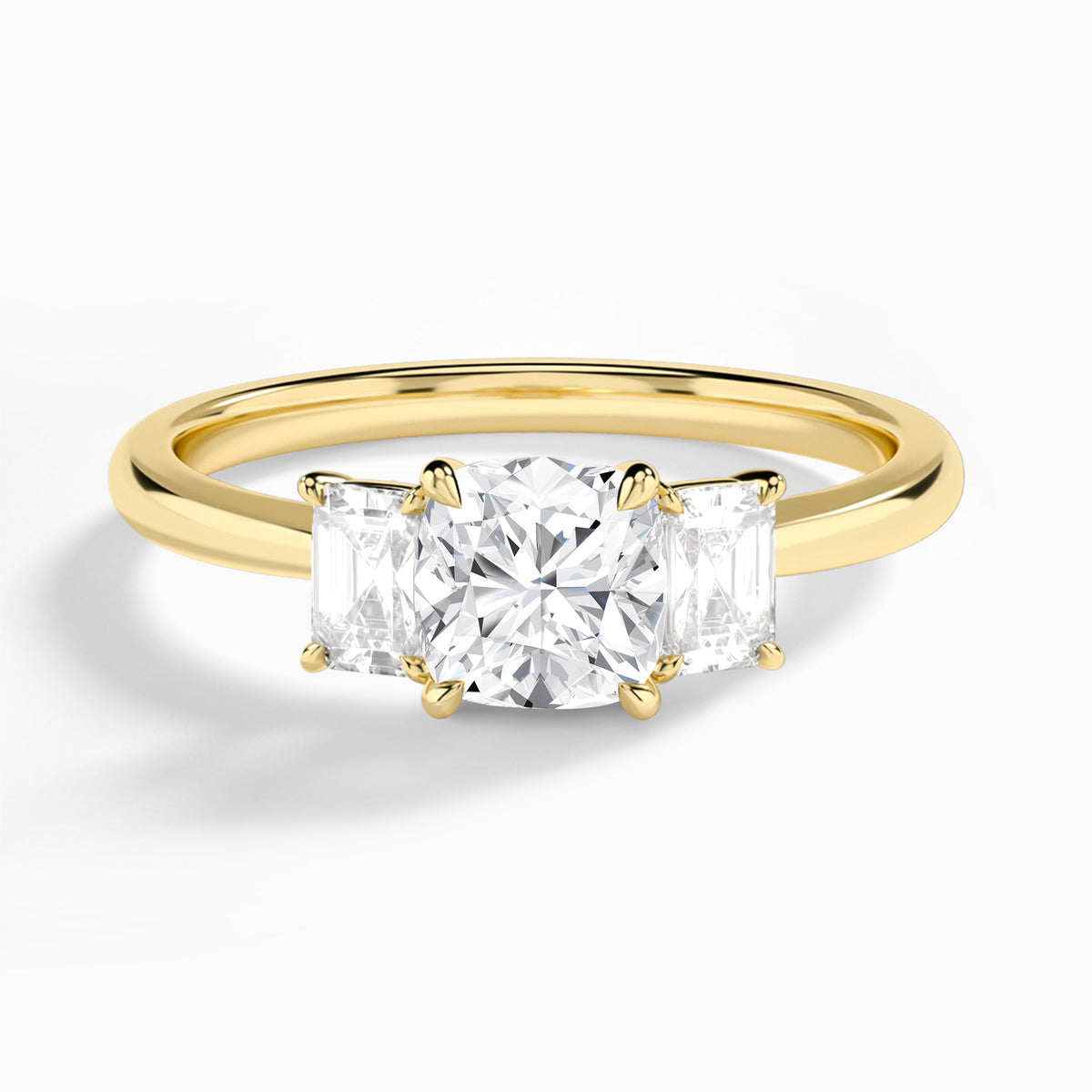 Cushion Three Stone Emerald Lab Diamond Engagement Ring In 14K Yellow Gold - Lucenjuri