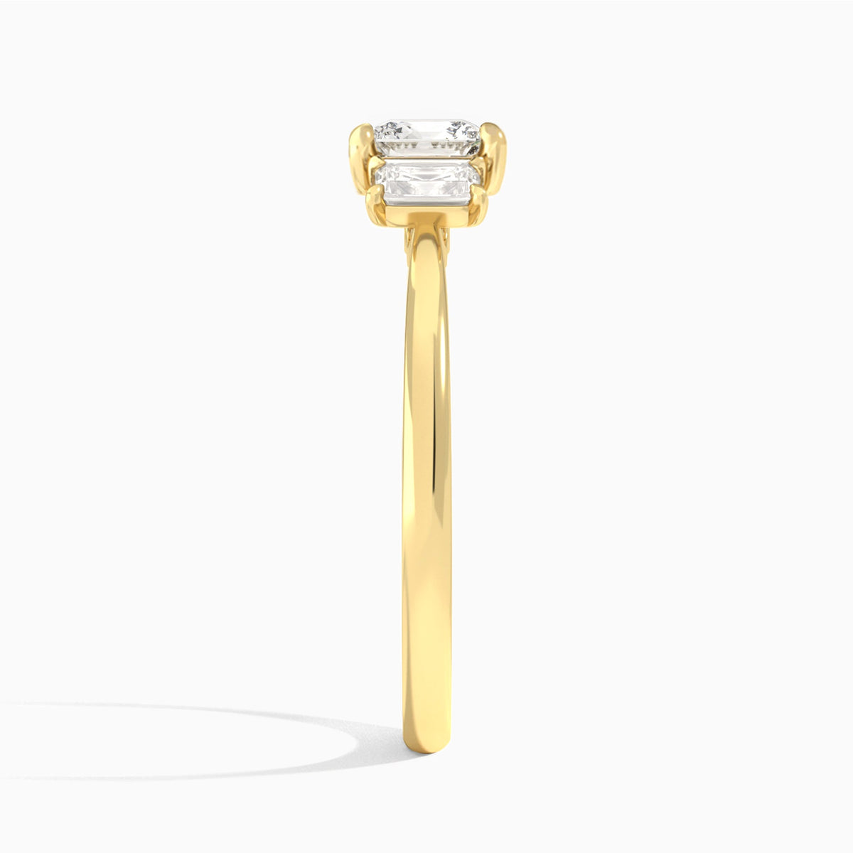 Cushion Three Stone Emerald Lab Diamond Engagement Ring In 18K Yellow Gold, Side View