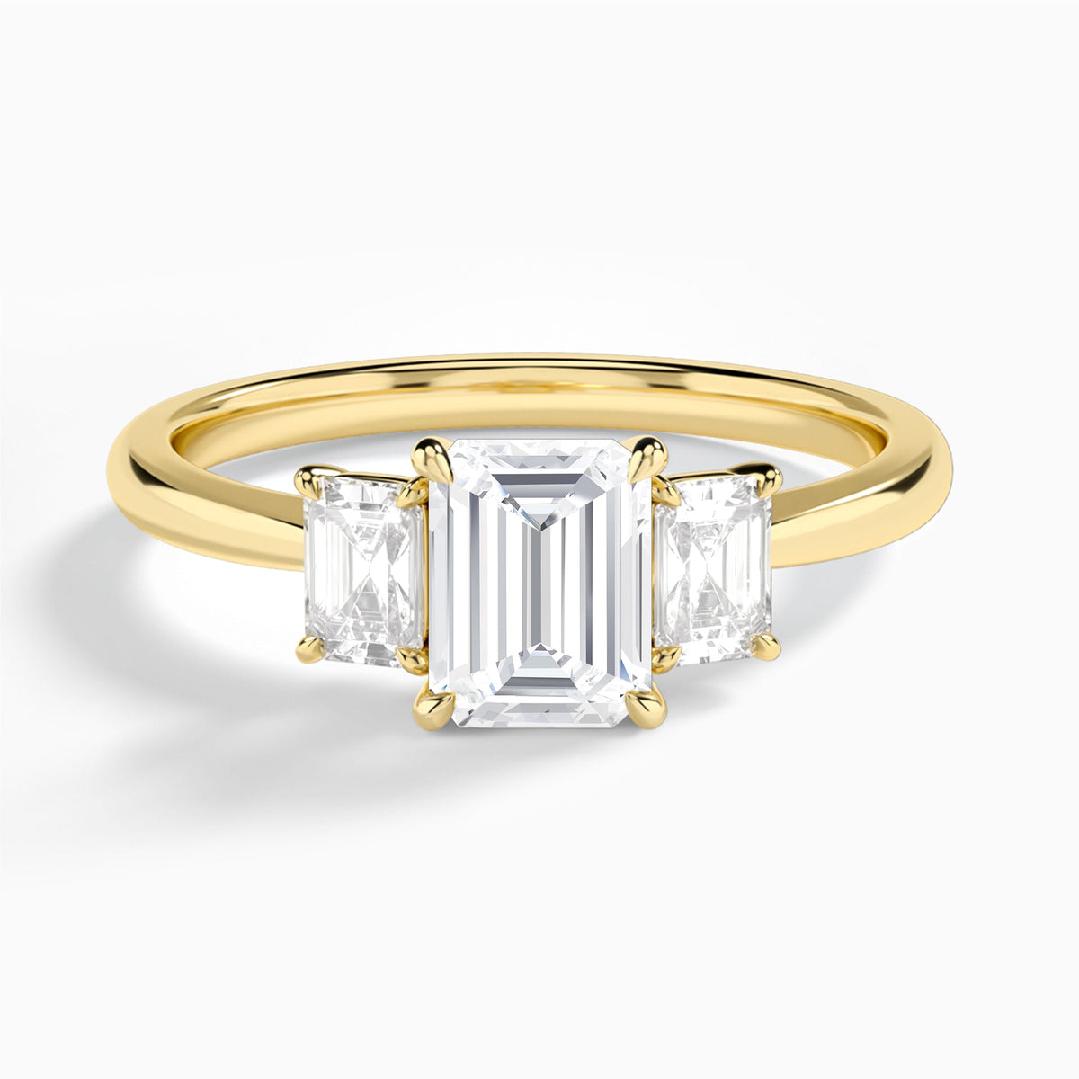 Emerald Three Stone Emerald Lab Diamond Engagement Ring In 14K Yellow Gold - Lucenjuri