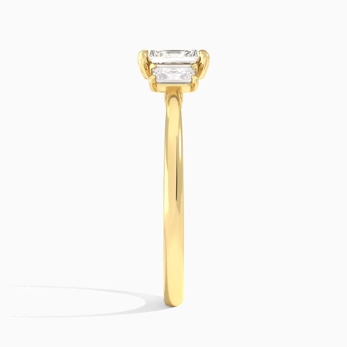 Emerald Three Stone Emerald Lab Diamond Engagement Ring In 18K Yellow Gold, Side View