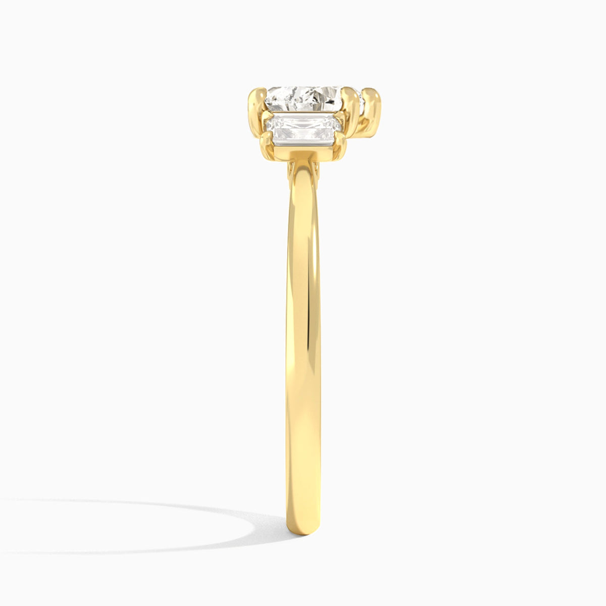 Heart Three Stone Emerald Lab Diamond Engagement Ring In 18K Yellow Gold, Side View