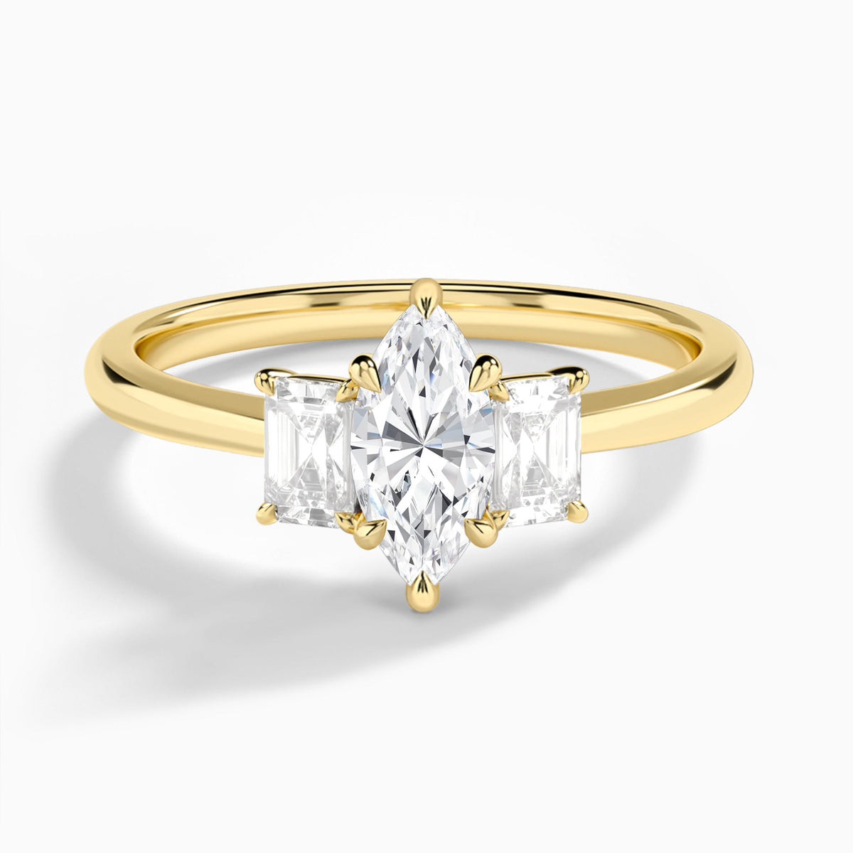 Marquise Three Stone Emerald Lab Diamond Engagement Ring In 14K Yellow Gold - Lucenjuri