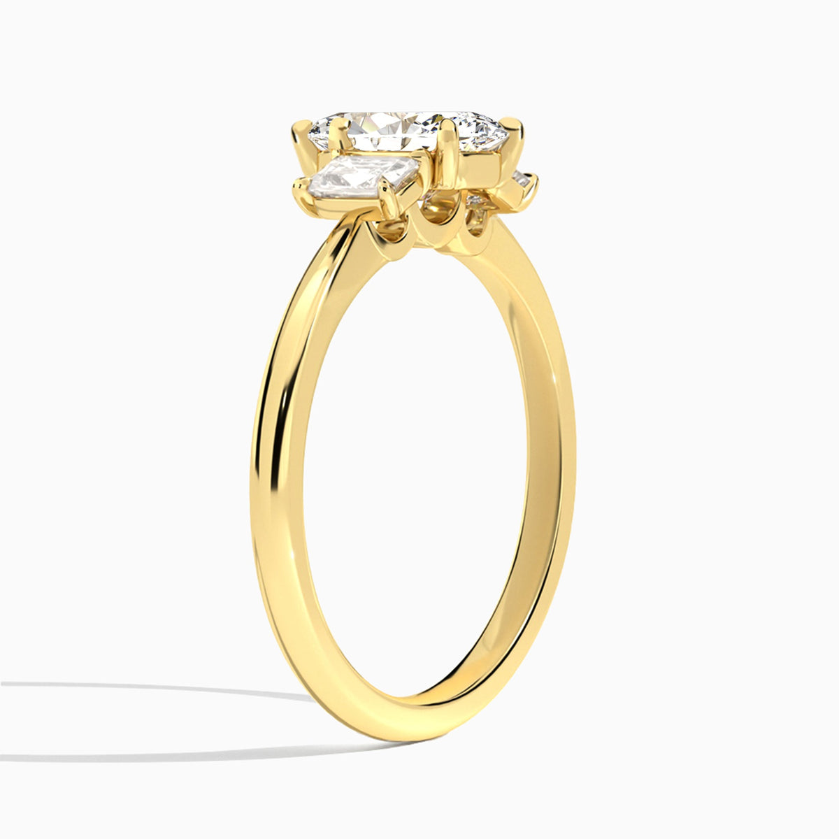 Marquise Three Stone Emerald Lab Diamond Engagement Ring In 18K Yellow Gold, Angle View