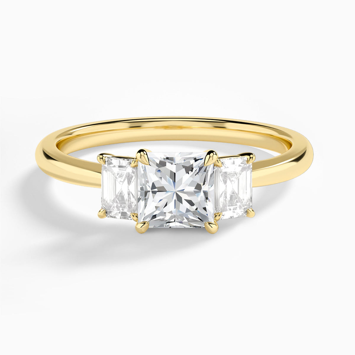 Princess Three Stone Emerald Lab Diamond Engagement Ring In 14K Yellow Gold - Lucenjuri
