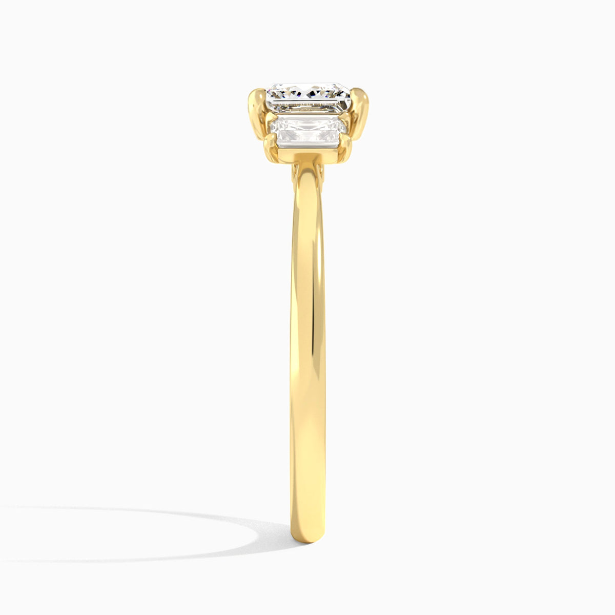 Princess Three Stone Emerald Lab Diamond Engagement Ring In 14K Yellow Gold, Side View