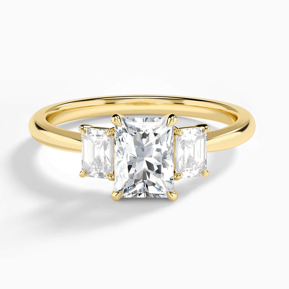 Radiant Three Stone Emerald Lab Diamond Engagement Ring In 14K Yellow Gold - Lucenjuri