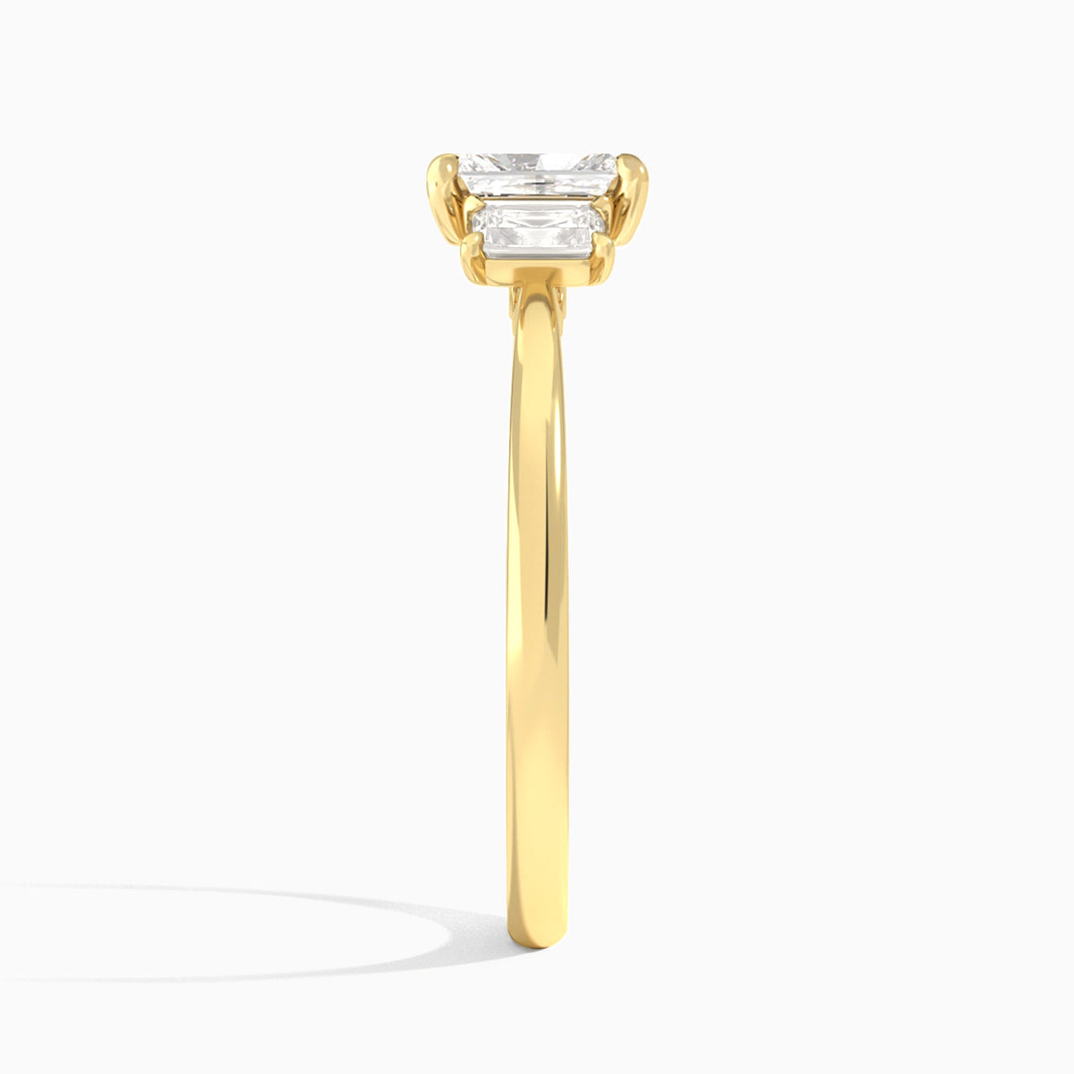 Radiant Three Stone Emerald Lab Diamond Engagement Ring In 14K Yellow Gold, Side View