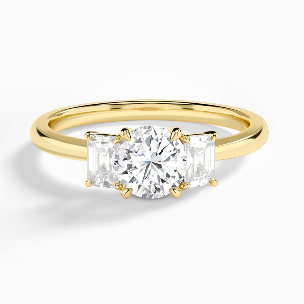 Round Three Stone Emerald Lab Diamond Engagement Ring In 14K Yellow Gold - Lucenjuri