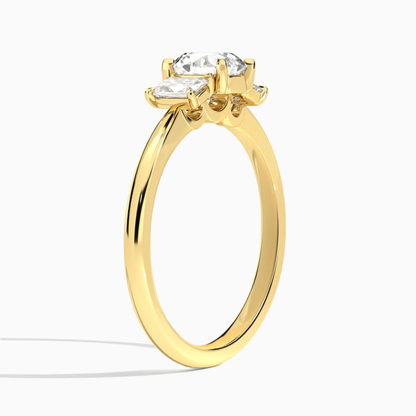 Round Three Stone Emerald Lab Diamond Engagement Ring In 14K Yellow Gold, Angle View