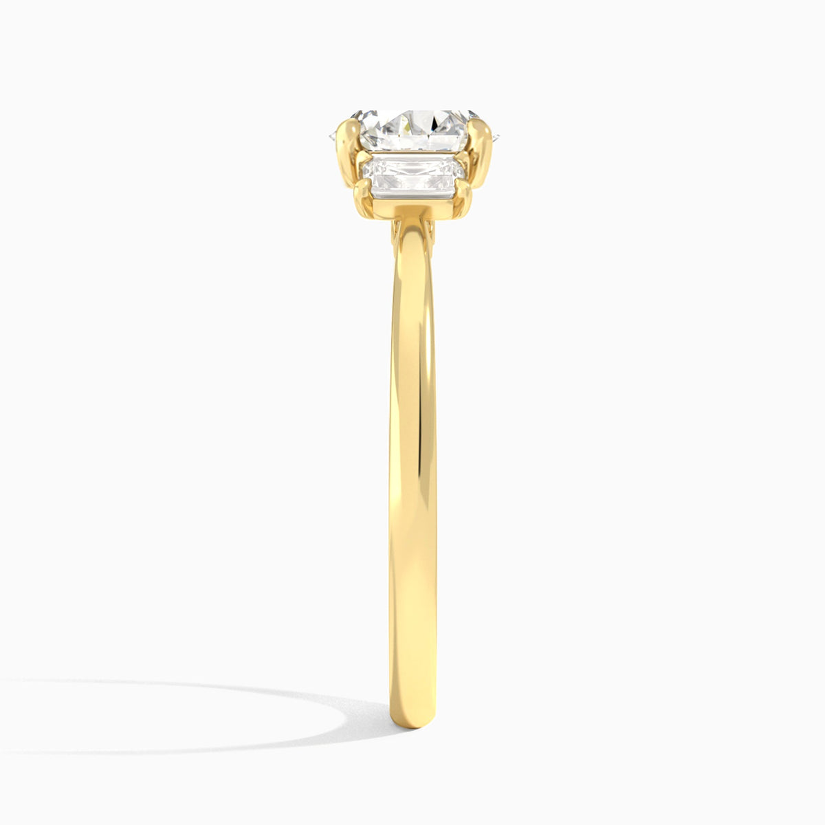 Round Three Stone Emerald Lab Diamond Engagement Ring In 18K Yellow Gold, Side View