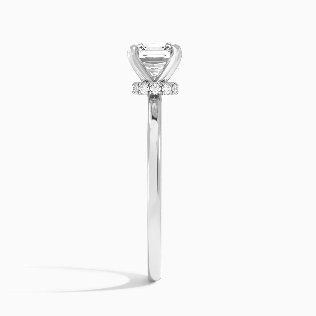Asscher Mystique Halo Lab Grown Diamond Engagement Ring In 18K White Gold, Side View