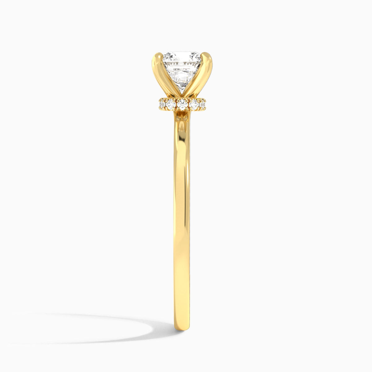 Cushion Mystique Halo Lab Diamond Engagement Ring In 18K Yellow Gold, Side View
