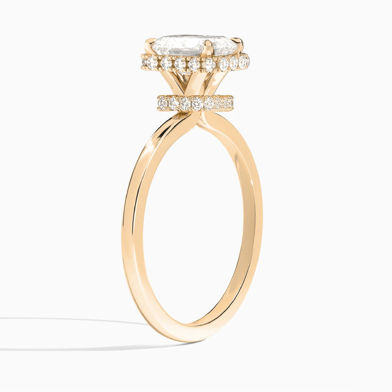 Emerald Double Hidden Halo Lab Diamond Engagement Ring In 14K Rose Gold, Angle View