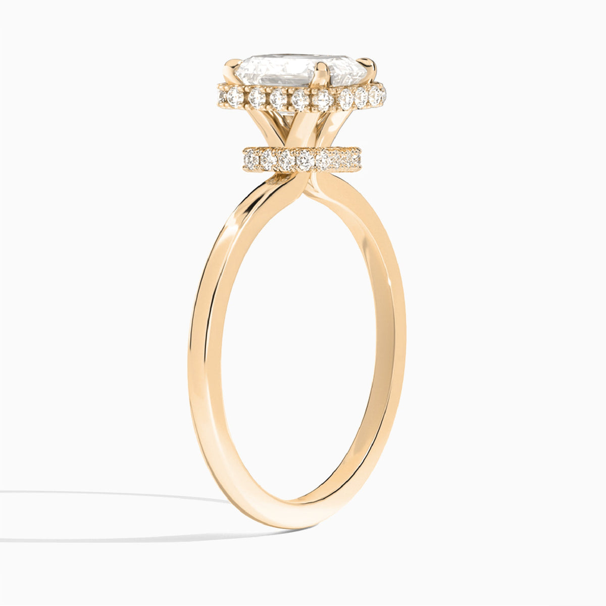 Emerald Double Hidden Halo Lab Diamond Engagement Ring In 14K Rose Gold, Angle View