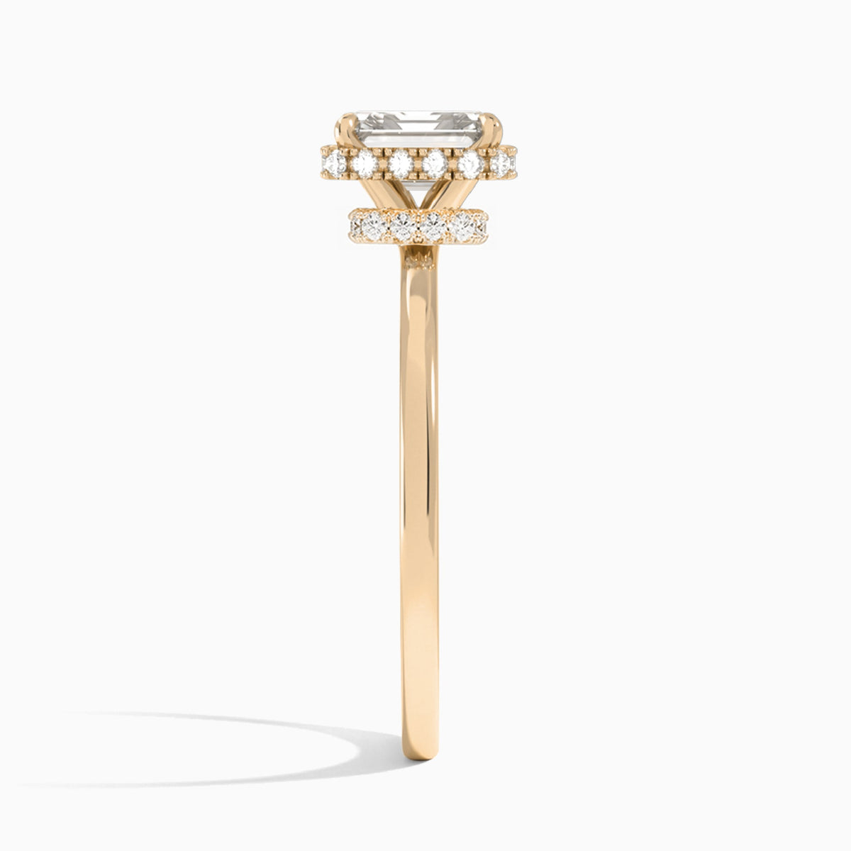 Emerald Double Hidden Halo Lab Diamond Engagement Ring In 14K Rose Gold, Side View