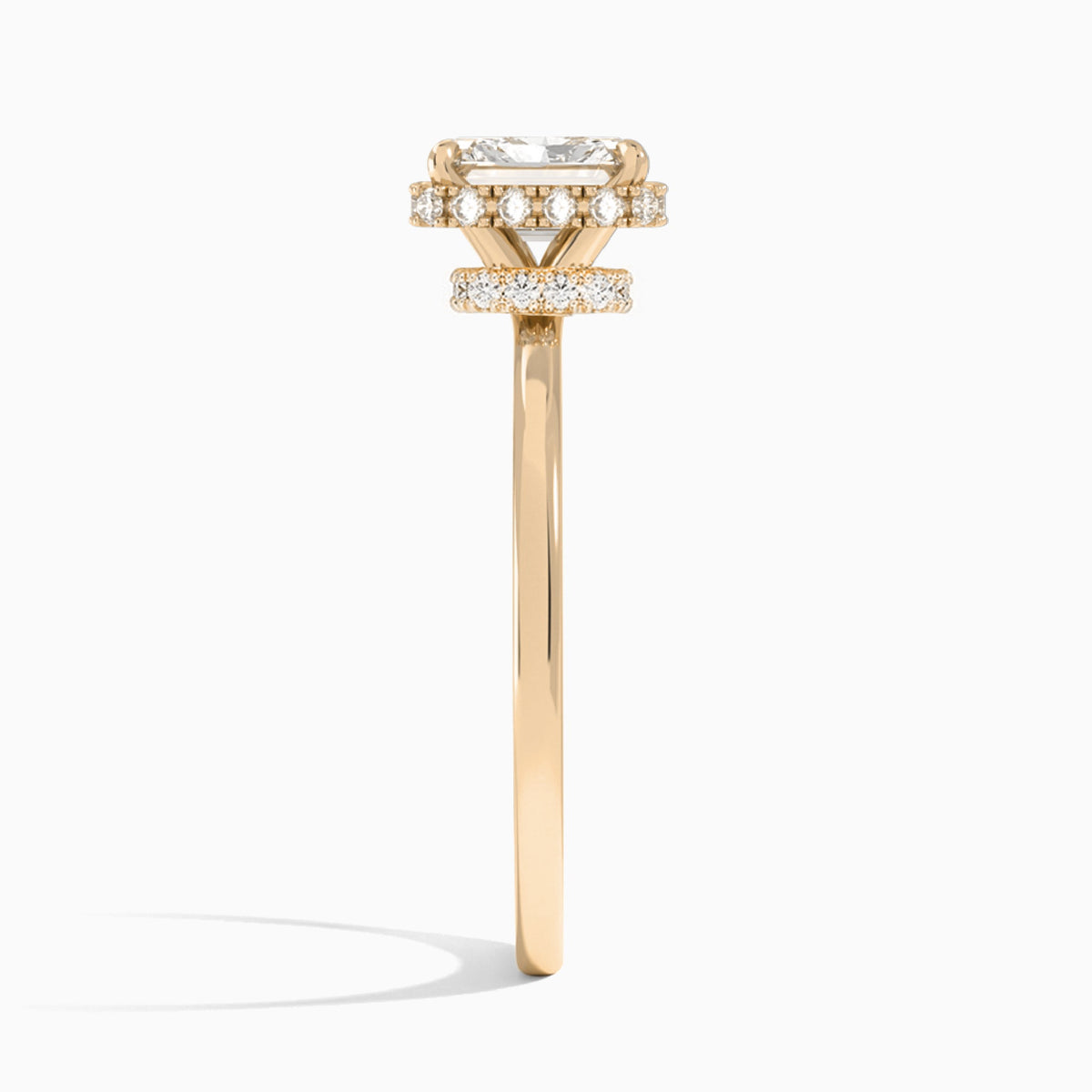 Radiant Double Hidden Halo Lab Diamond Engagement Ring In 14K Rose Gold, Side View