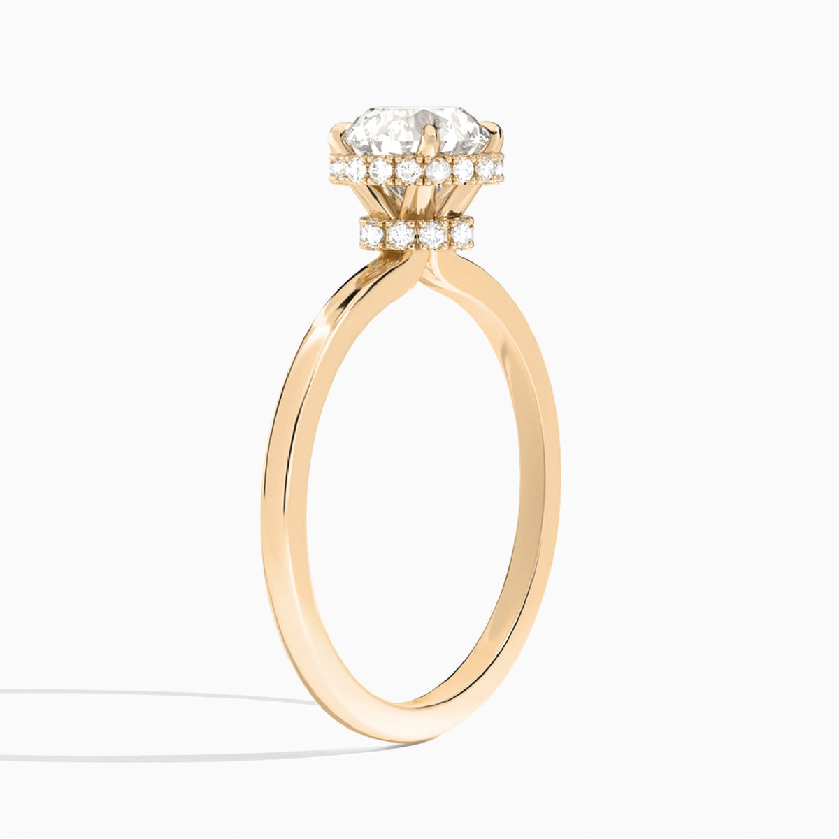 Round Double Hidden Halo Lab Diamond Engagement Ring In 14K Rose Gold, Angle View