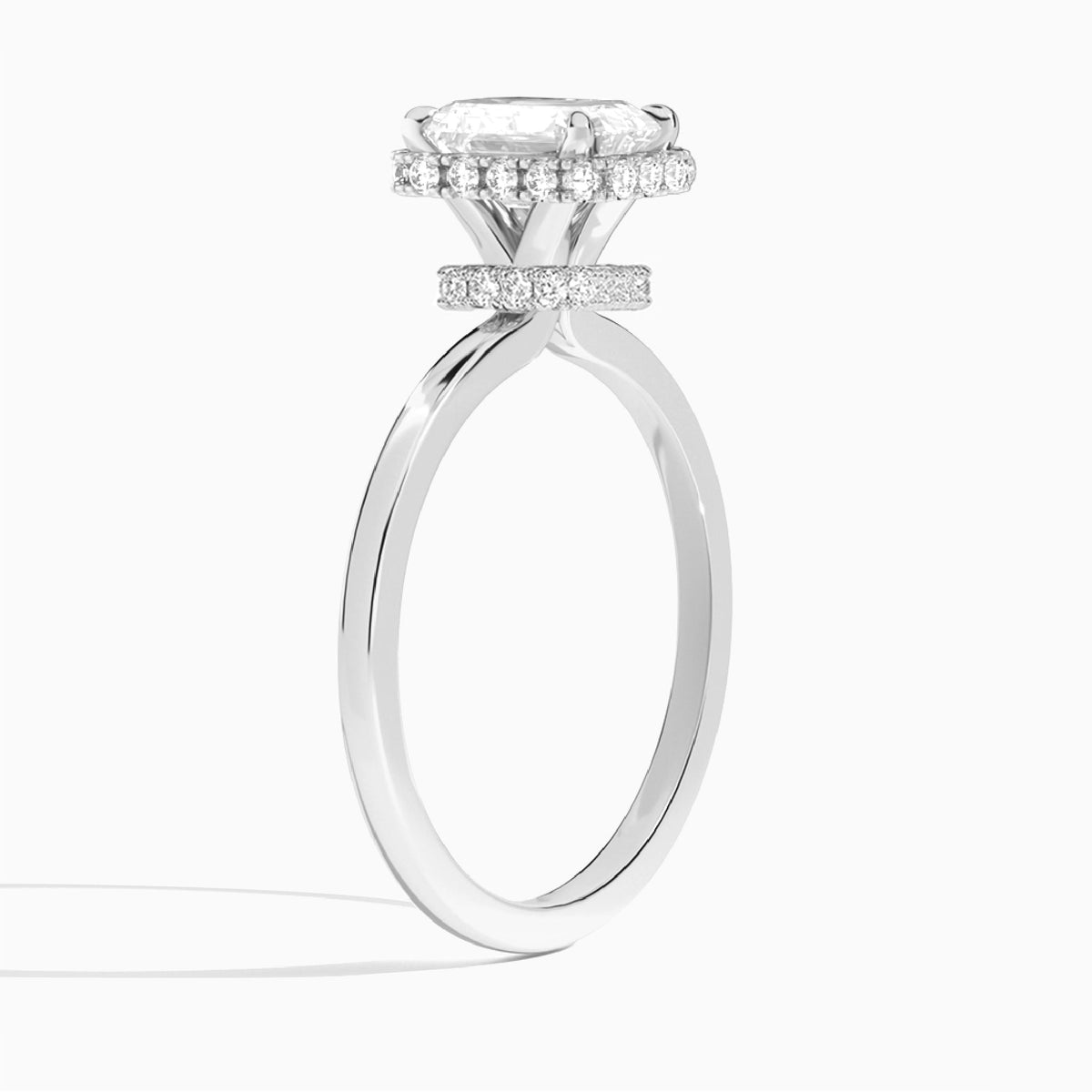 Emerald Double Hidden Halo Lab Diamond Engagement Ring In 18K White Gold, Angle View