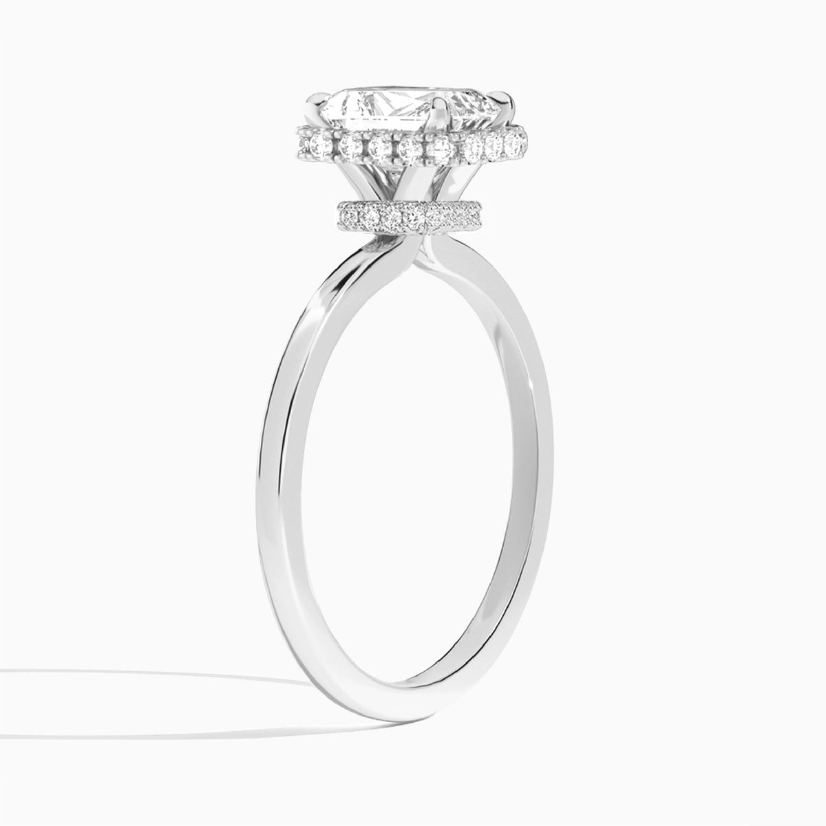 Radiant Double Hidden Halo Lab Diamond Engagement Ring In 18K White Gold, Angle View
