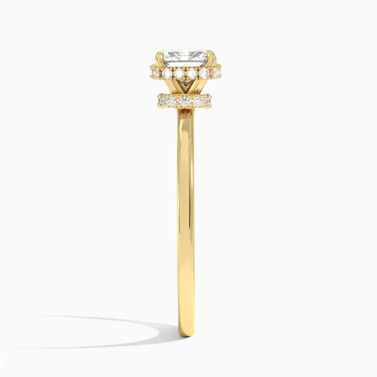 Cushion Double Hidden Halo Lab Diamond Engagement Ring In 18K Yellow Gold, Side View