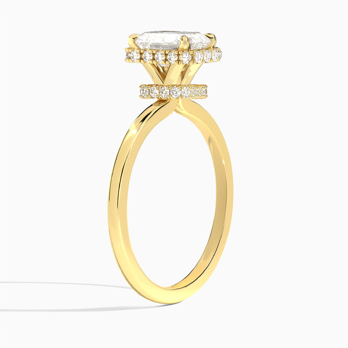 Emerald Double Hidden Halo Lab Diamond Engagement Ring In 18K Yellow Gold, Angle View