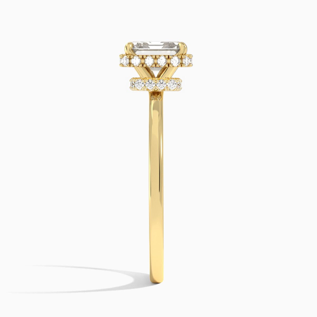 Emerald Double Hidden Halo Lab Diamond Engagement Ring In 14K Yellow Gold, Side View