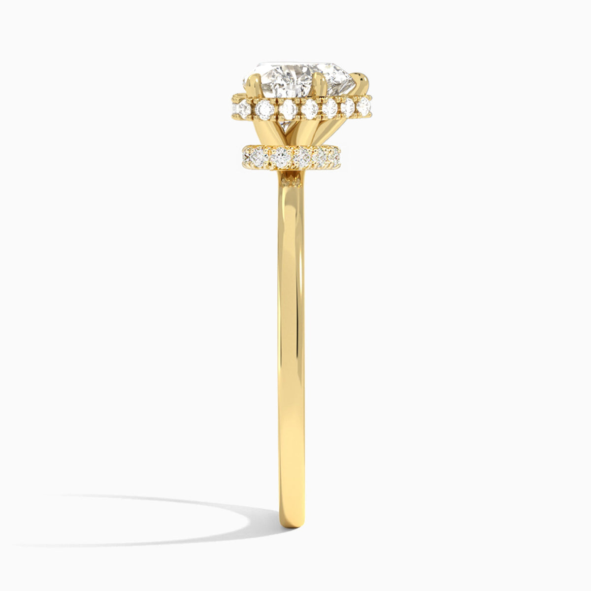 Heart Double Hidden Halo Lab Diamond Engagement Ring In 18K Yellow Gold, Side View