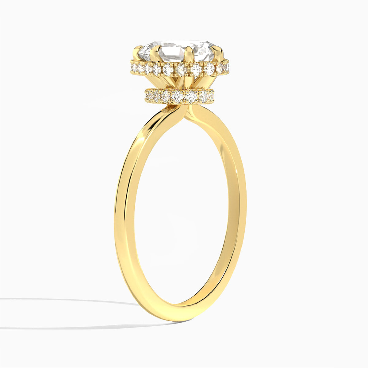 Pear Double Hidden Halo Lab Diamond Engagement Ring In 18K Yellow Gold, Angle View