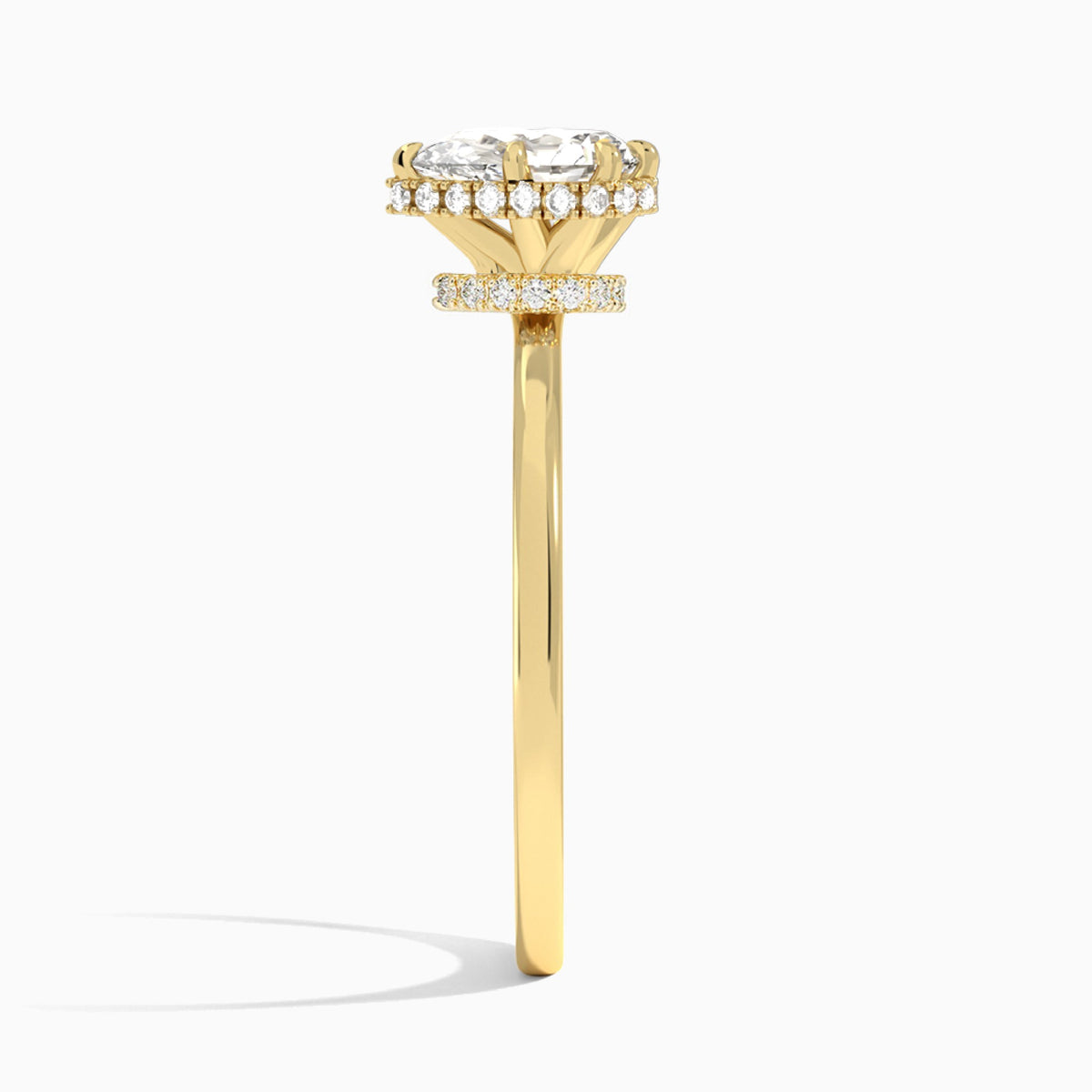 Pear Double Hidden Halo Lab Diamond Engagement Ring In 18K Yellow Gold, Side View